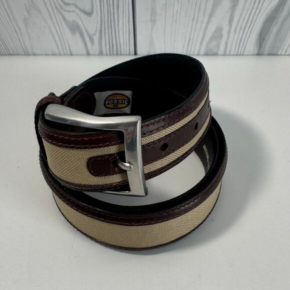 Fossil Leather Canvas Full Grain Cowhide Belt Mens 36 Brown Silver Buckle Woven - Picture 1 of 6